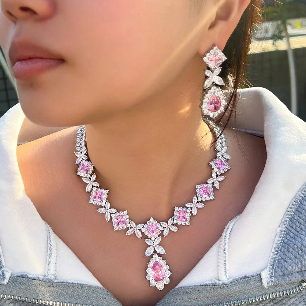 Luxury Pink Cubic Zirconia Wedding Jewelry Set for Women - 2 Piece Bridal Necklace Set, African Dubai Style Party Jewelry LYT0312 | Perfect for Weddings, Bridal Showers, and Special Occasions