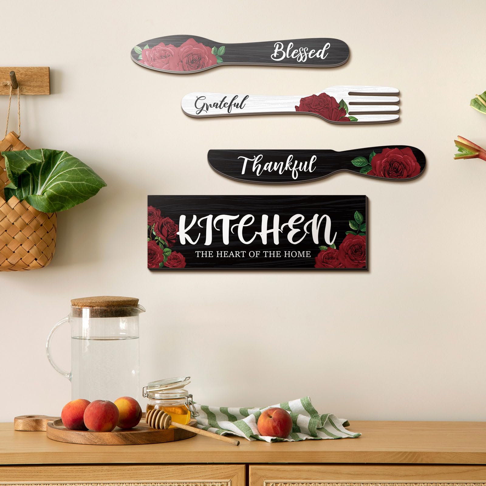 4 Pcs Red Rose Kitchen Wall Decor Set - Rustic Farmhouse Wooden Fork & Spoon for Wedding & Home Decor