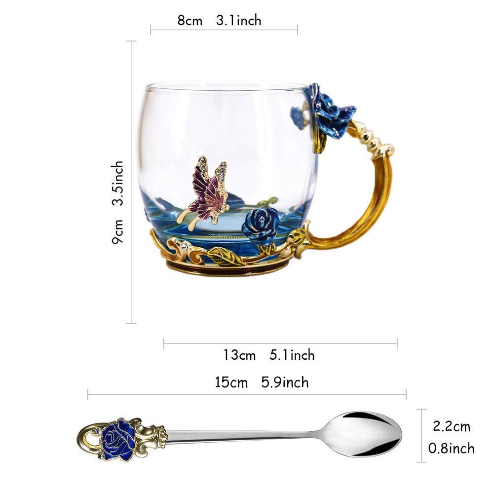 Handmade Butterfly Rose Tea Cup & Coffee Mug - 12 oz Glass Tea Cup Set for Wedding, Anniversary, Birthday Gifts - Perfect for Tea Lovers, Coffee Drinkers & Home Decor
