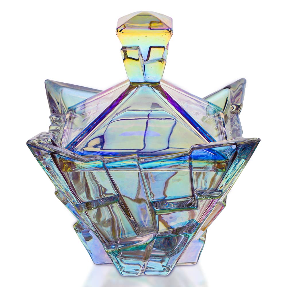 Colorful Crystal Candy Dish with Lid - 24 Oz Large Glass Candy Bowl, Engraved Design Decorative Jar for Weddings, Parties & Home Decor | M&N Home Glass Candy Jar for Buffets, Gifts & Candy Storage