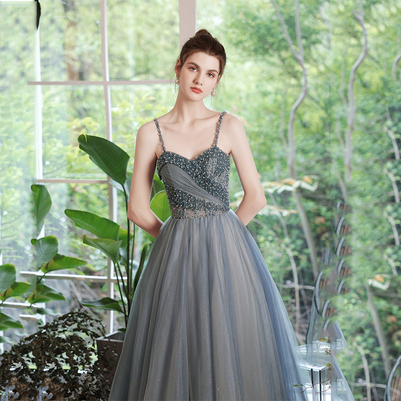 Elegant Beaded Blue Tulle Prom Dress with Spaghetti Straps - Formal Evening Gown for Homecoming, Quinceañera & Special Occasions