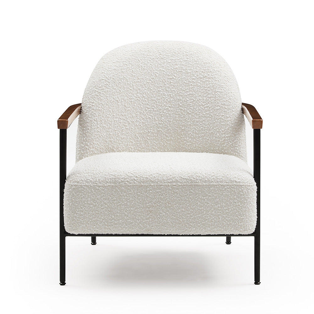 KAZAN Modern Lounge Chair - Off White Fabric, Walnut Wood & Black Metal Accents - Comfortable Reading Chair for Living Room, Bedroom or Office