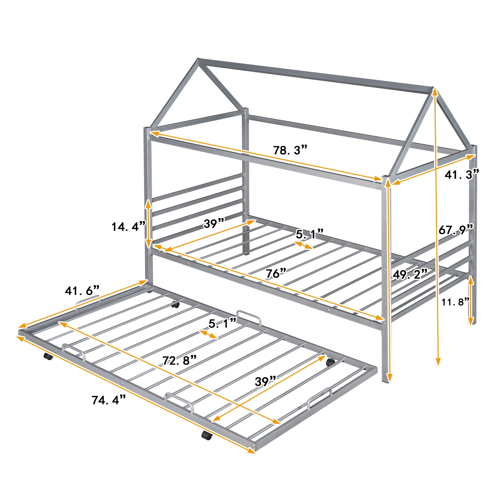 Twin Size Metal House Platform Bed with Trundle - Foldable Daybed Frame with Roof for Kids & Toddlers, Silver House-Shaped Bed with Play Tent Decorations - Perfect for Bedrooms, Playrooms & Sleepovers