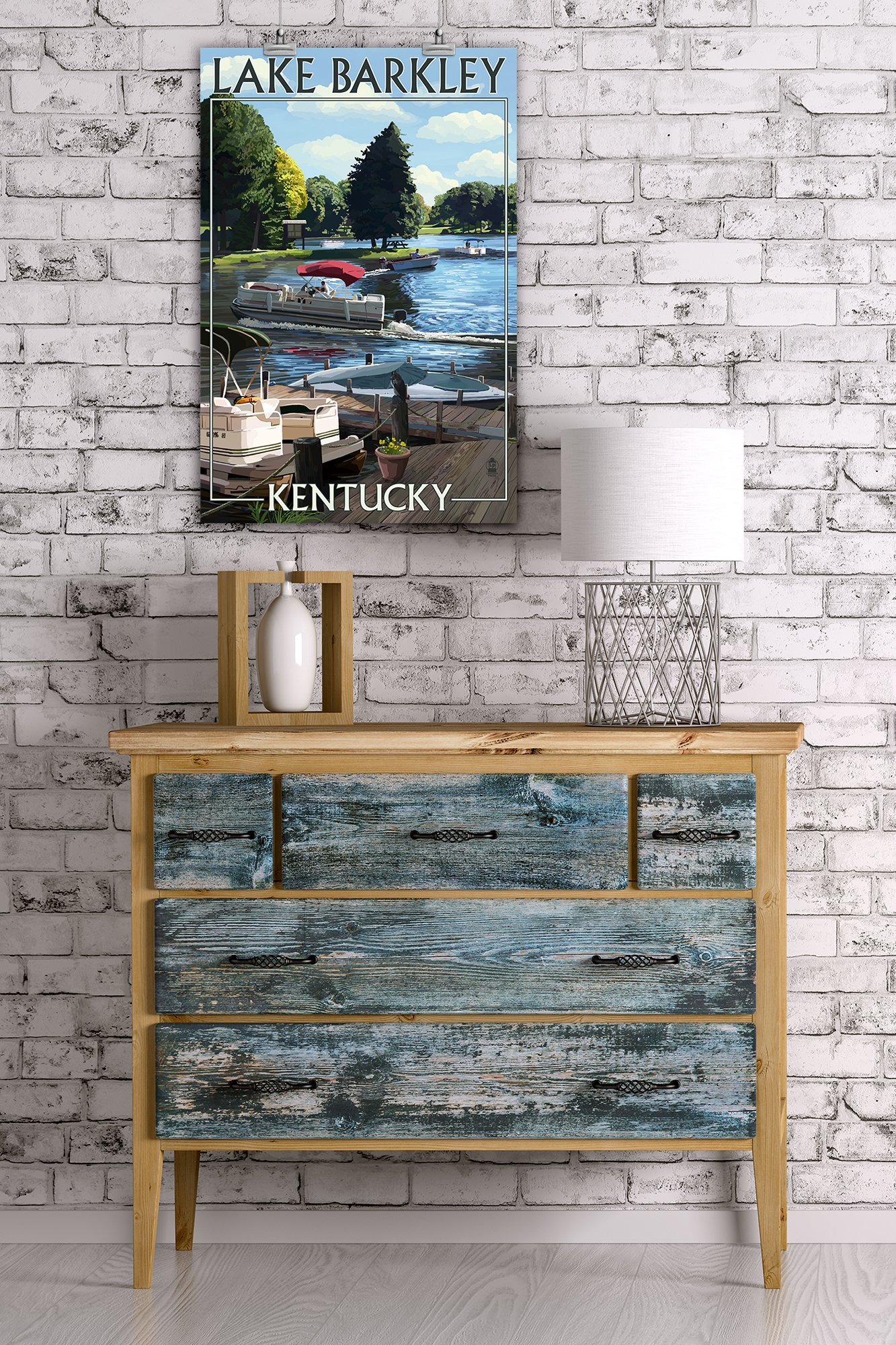 Lantern Press 16x24 Inch Giclee Art Print - Lake Barkley Kentucky Landscape with Pontoon Boats - Wall Decor for Living Room, Bedroom & Office