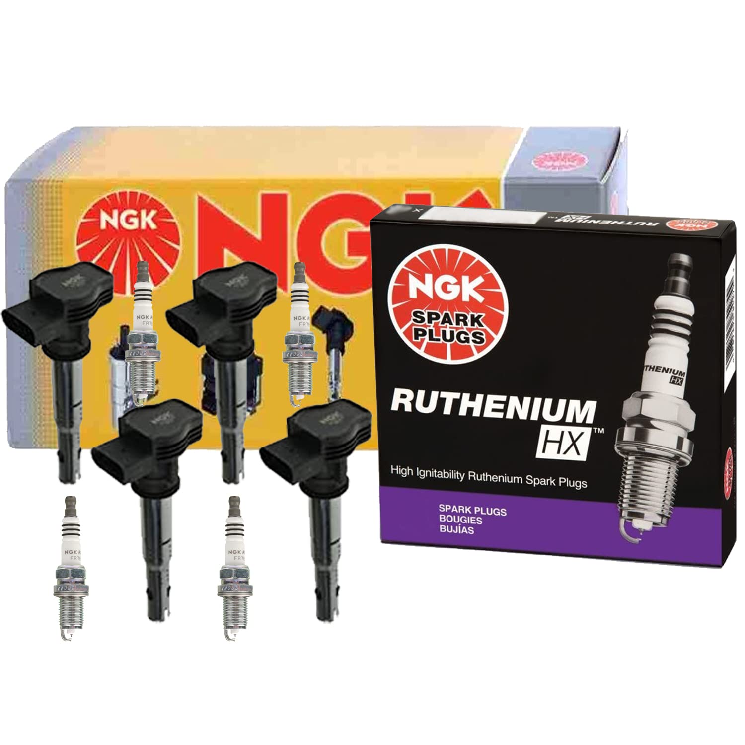 NGK COP Ignition Coil & 4 Ruthenium HX Spark Plugs Kit for Audi Volkswagen - Compatible with A4 A6 Q5 Passat Jetta - High Performance Engine Upgrade for Smoother Acceleration & Better Fuel Efficiency