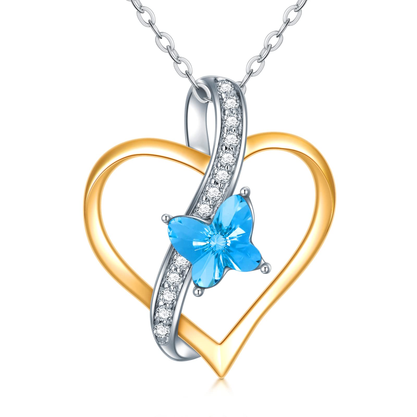14K Yellow & White Gold Heart Necklace with Blue Butterfly & Cubic Zirconia - Elegant Women's Jewelry for Mother's Day, Anniversary, Birthday Gifts - Perfect for Wife, Grandma - 16''-18'' Adjustable Chain - Ideal for Weddings, Date Nights & Special Occasions