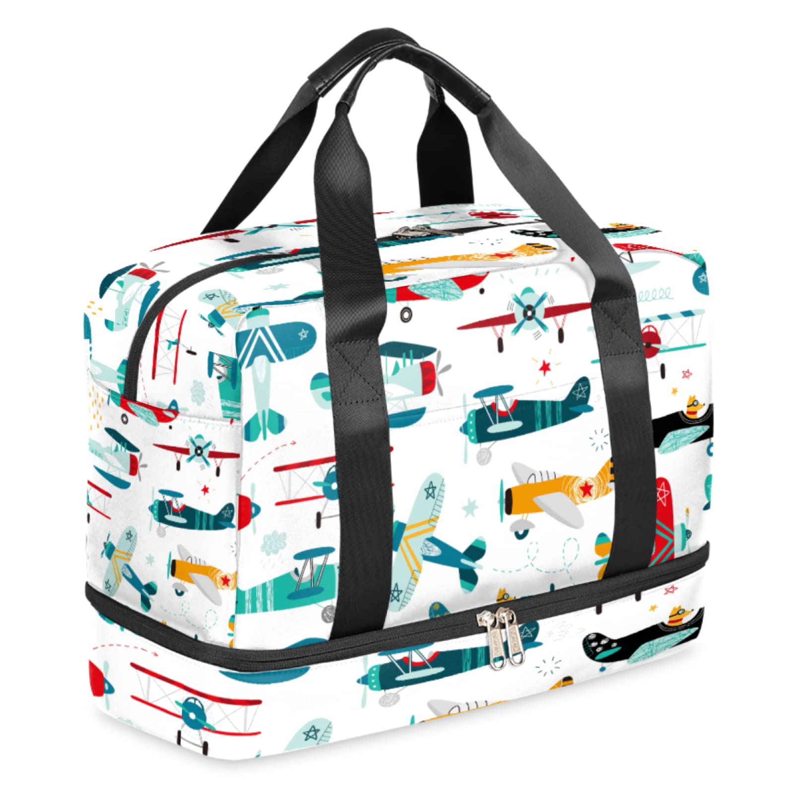 **Cartoon Airplane Print Sports Duffel Bag with Shoe Compartment - Large Gym Tote Travel Bag for Men & Women - Perfect for Workout, Yoga, Weekender & Travel**