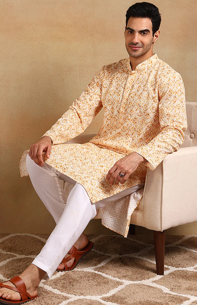Men's Yellow Viscose Rayon Geometric Embroidered Straight Kurta - Comfortable Ethnic Tunic for Casual Wear, Festivals & Special Occasions