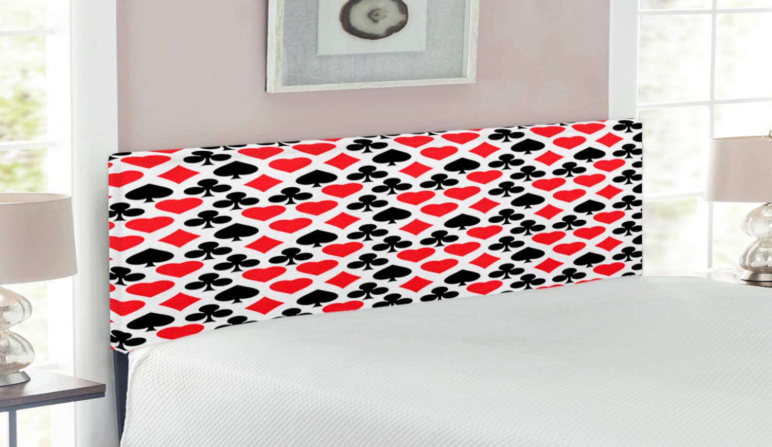 Lunarable Casino Themed Queen Size Upholstered Headboard - Card Suits Pattern with Clubs, Diamonds, Hearts & Spades - Decorative Metal Bed Headboard with Memory Foam in Vermilion Black | Perfect for Game Rooms, Man Caves & Casino-Themed Bedrooms