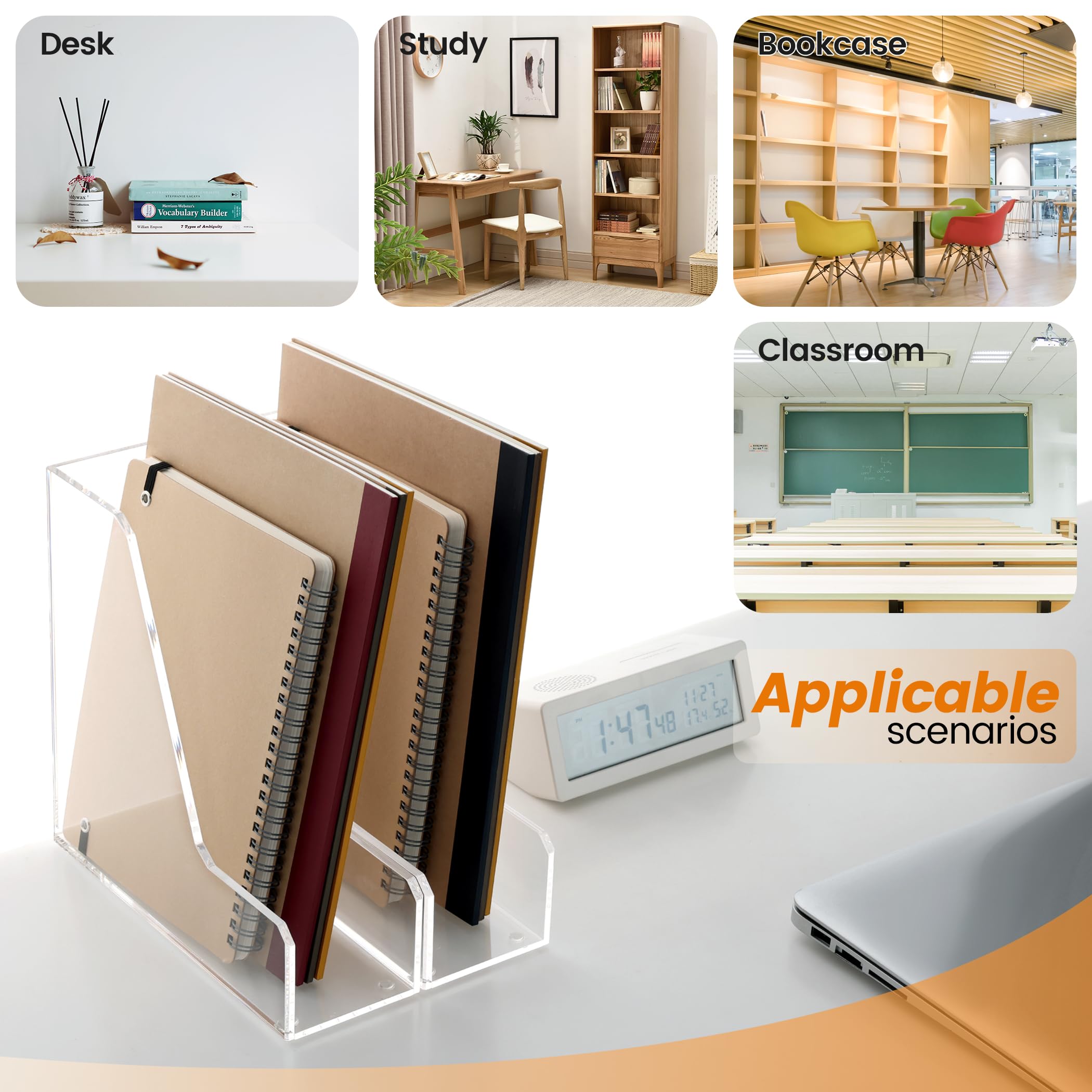Clear Acrylic Magazine Rack & File Holder - 2-Pack Vertical Desk Organizer for Office, Home, or Dorm - Perfect for Storing Books, Magazines, and Office Supplies - Space-Saving Storage Solution