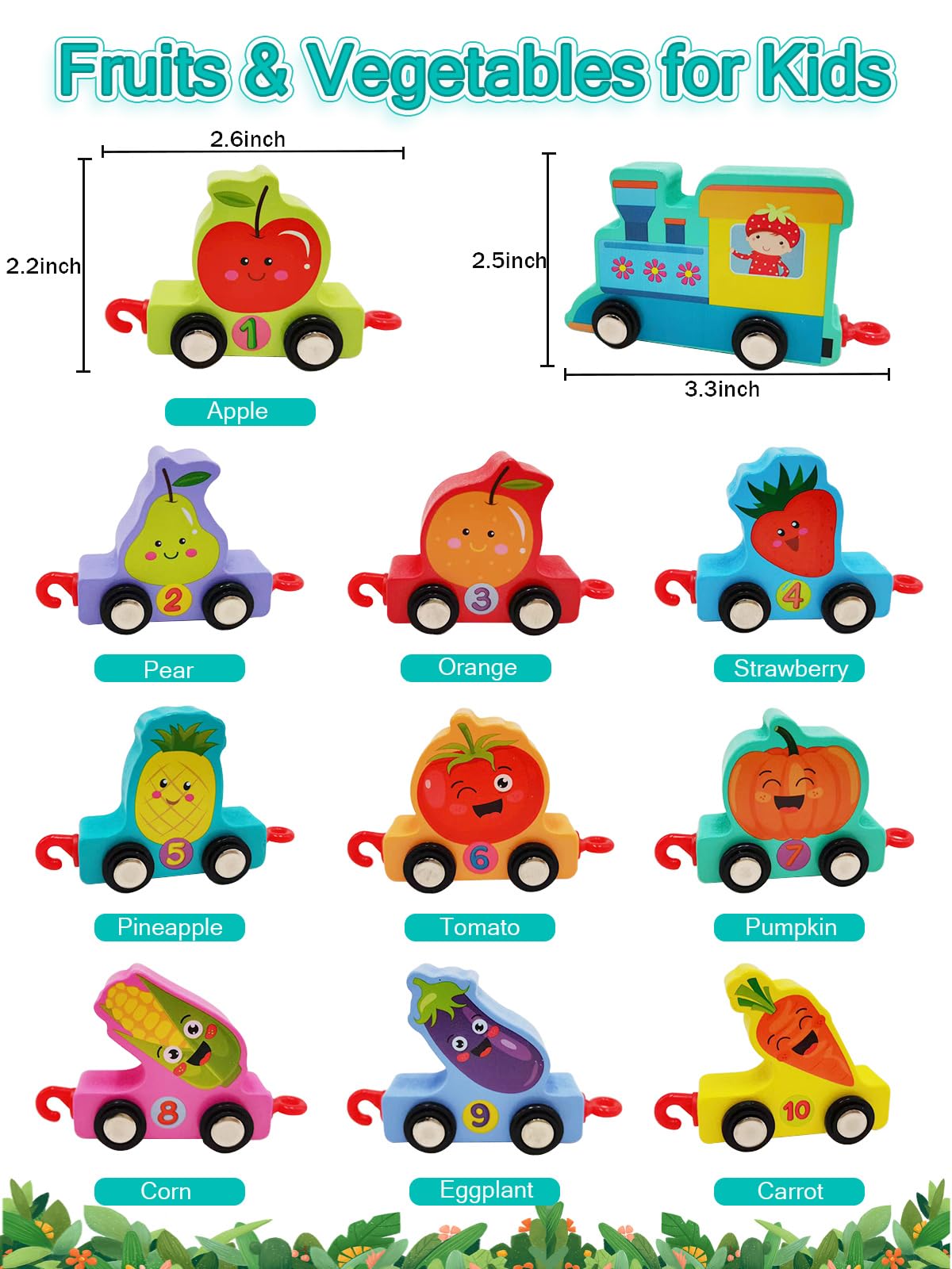 **Montessori Wooden Train Toy Set for Toddlers 2-5 Years - 11 PCS Fruits & Vegetables with Numbers - Educational Birthday Gift for Boys & Girls - Perfect for Learning Counting, Imaginative Play & Preschool Activities**