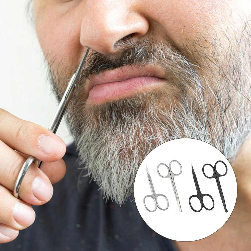 Professional Stainless Steel Nose & Eyebrow Scissors Set - 4-Piece Facial Hair Trimming Kit for Beard, Mustache, Ear & Nose Hair Grooming - Perfect for Home & Travel Use