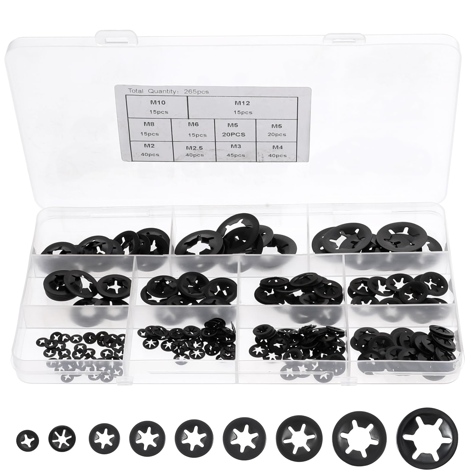 265PCS 9 Sizes Internal Tooth Star Lock Washers Kit - Black Push On Lock Washers for Fast Assembly - Hardware Nuts Assortment for Automotive, Furniture & DIY Projects