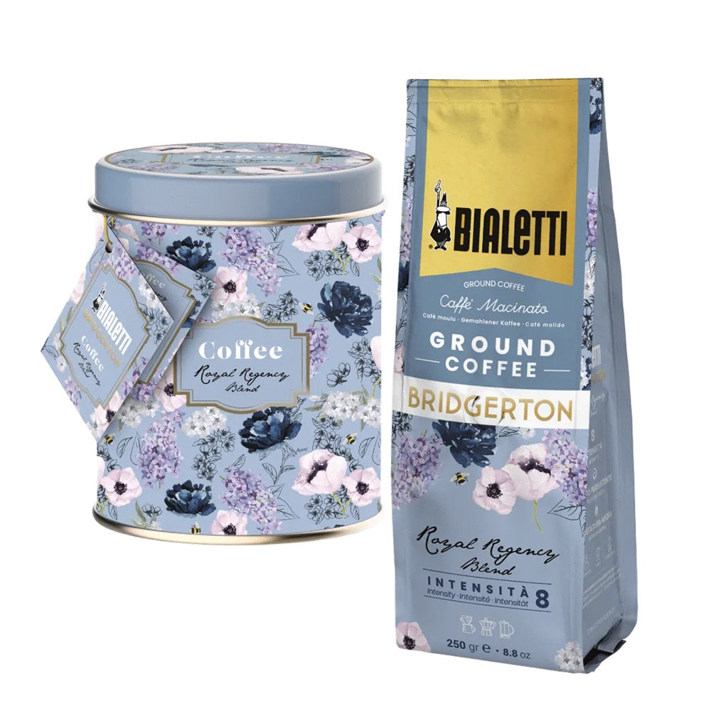 Bialetti Bridgerton Gift Tin with Perfetto Moka Royal Regency Coffee 250g - Italian Espresso Blend for Stovetop Moka Pot - Perfect Gift for Coffee Lovers & Bridgerton Fans