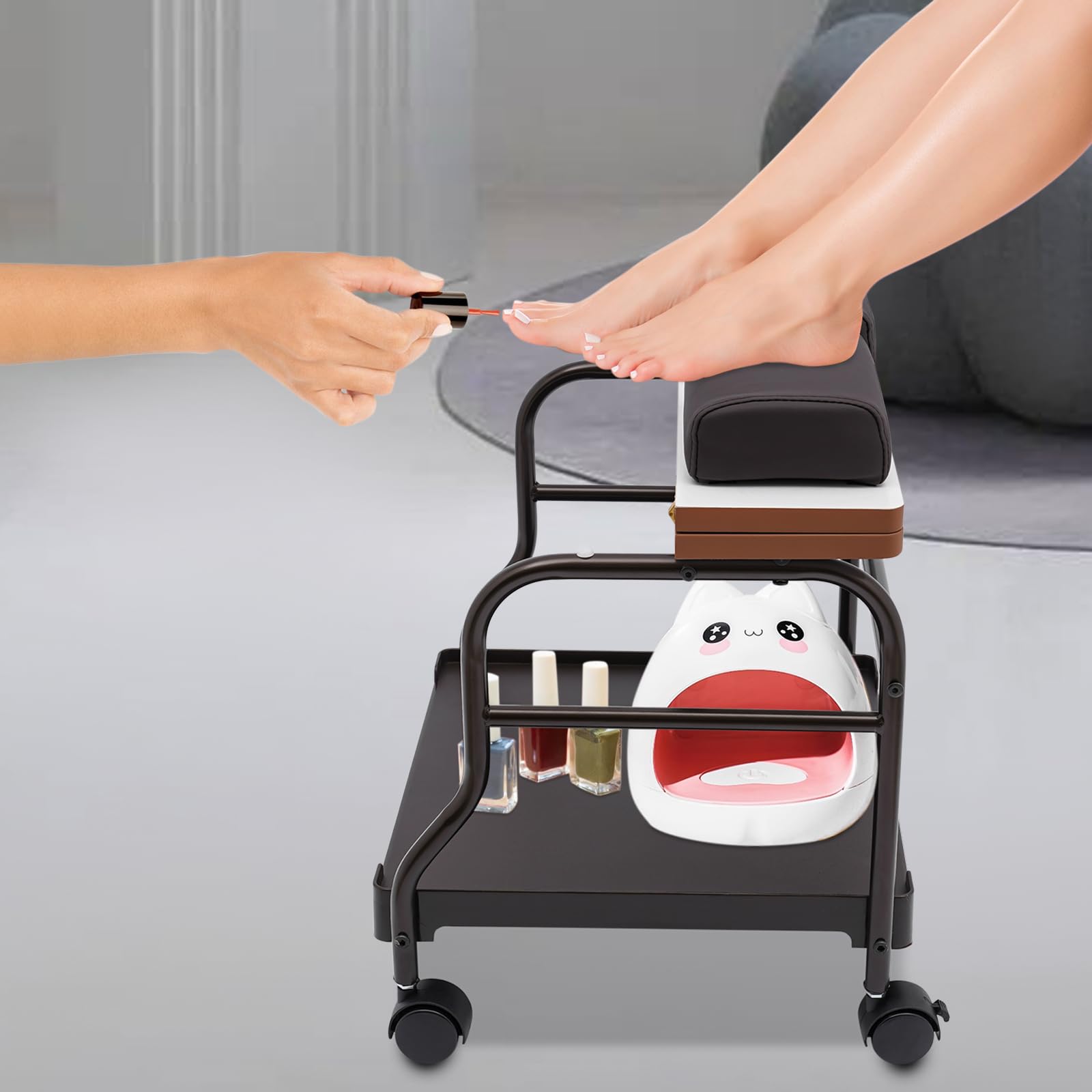 Portable Pedicure Foot Rest Cart - Adjustable Beauty Salon Nail & Foot Spa Trolley for Manicure, Pedicure, Massage | Salon Furniture & Supplies | Coffee Color | Perfect for Home Spa, Nail Salons & Mobile Beauty Services