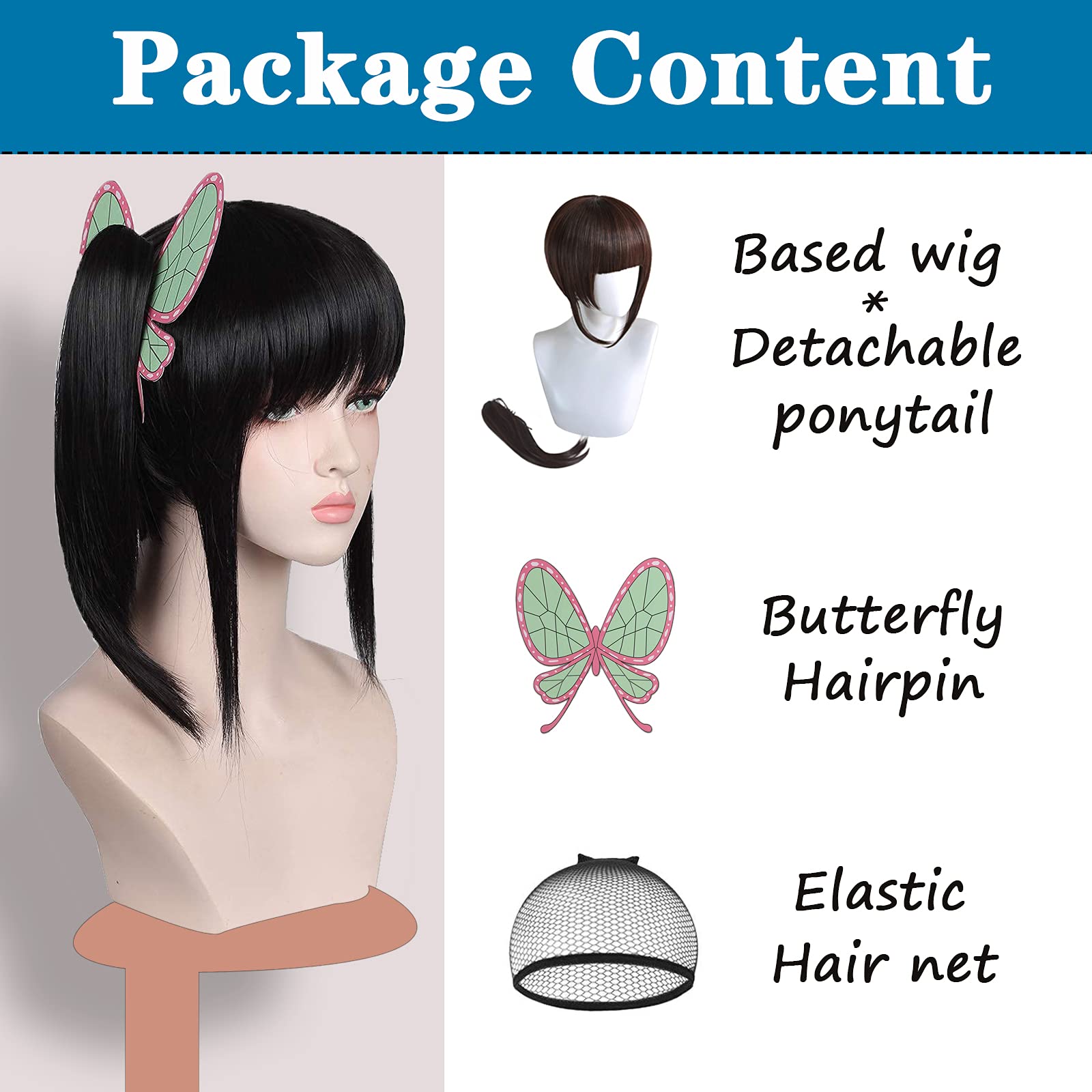 Tsuyuri Kanao Cosplay Wig with Butterfly Hair Clips - Authentic Demon Slayer Kimetsu no Yaiba Anime Costume Wig (Black) for Halloween, Conventions & Themed Parties | Perfect for Cosplay Enthusiasts & Anime Fans