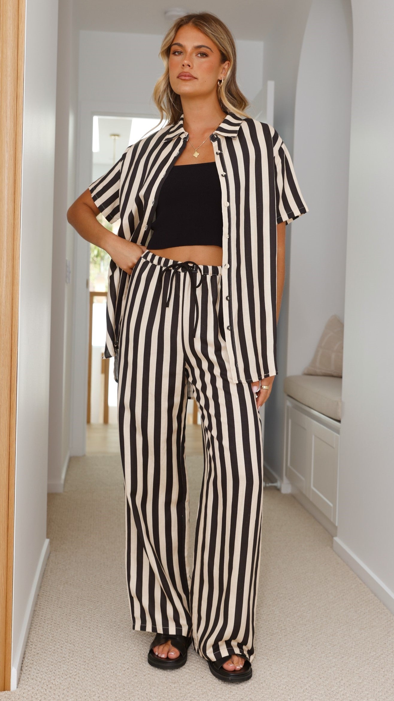 Josie Pants for Women - Black & Beige Striped High-Waisted Trousers | Comfortable Office Wear & Casual Outfits