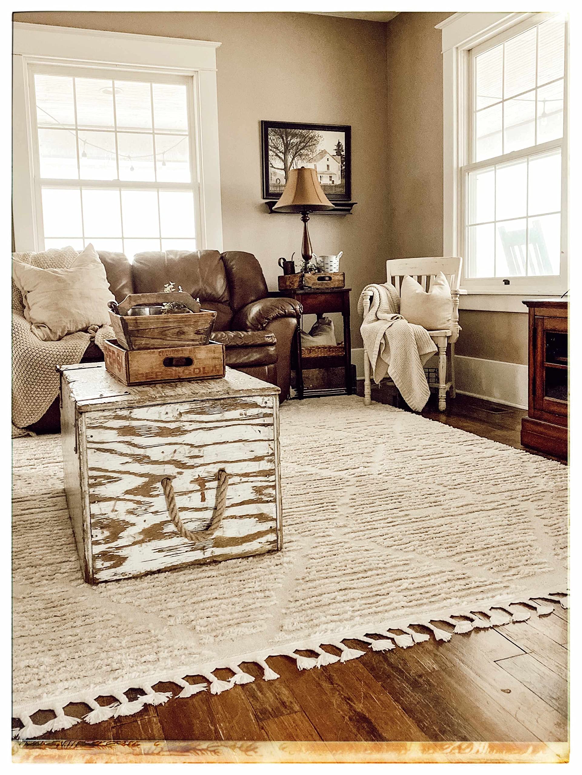Luxury Hauteloom Mengen Plush High Pile Area Rug - Soft Ivory Shag Carpet for Living Room & Bedroom - 6'7