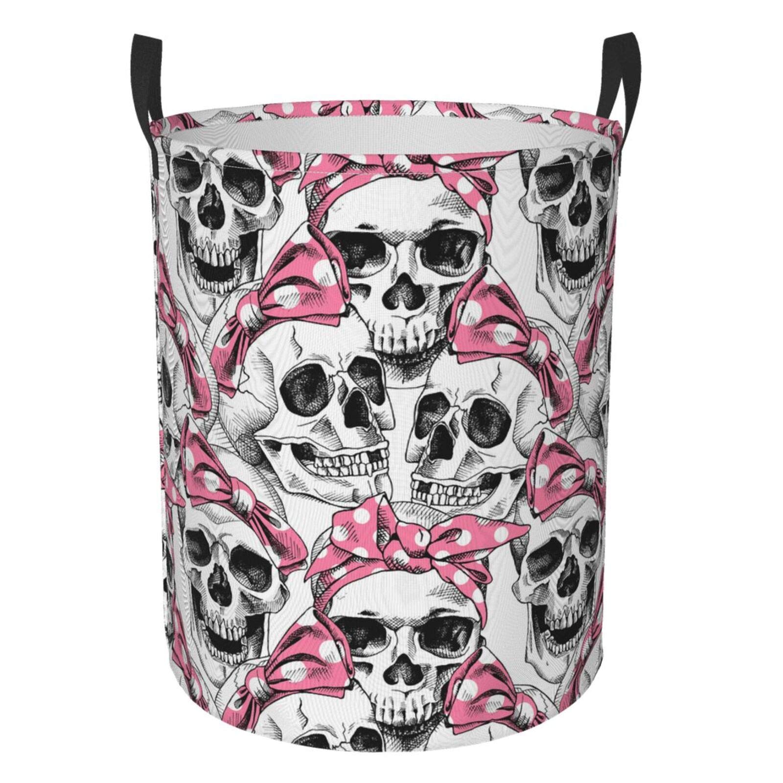 Cute Bow Skull Collapsible Laundry Basket with Handle - Waterproof Fabric Hamper for Clothes, Toys & Storage | Large Collapsible Laundry Bin for Bedroom, Bathroom & Dorm Organization (Pink/Black)
