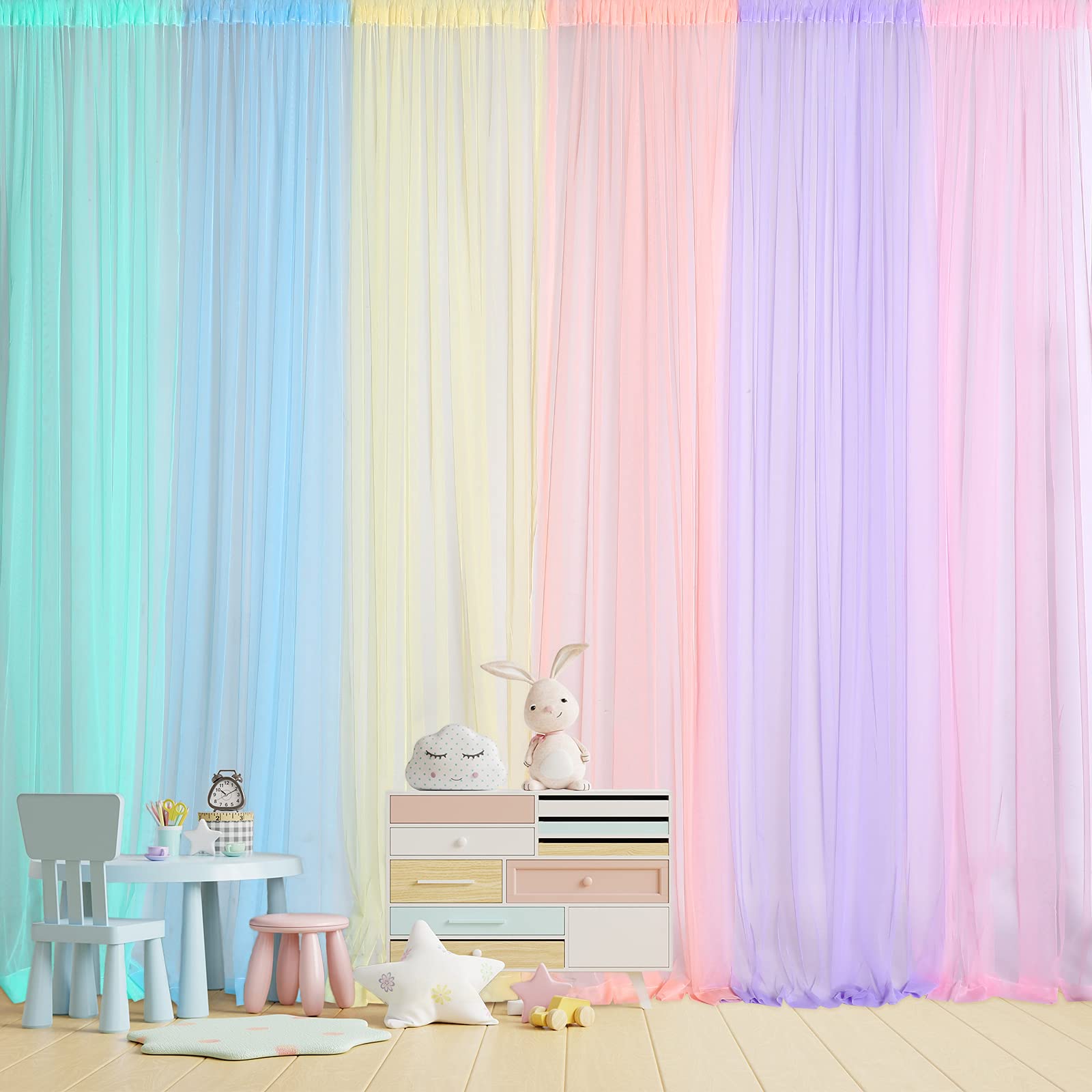 Pastel Rainbow Sheer Curtains - 6 Panels Tulle Backdrop for Baby Shower, Unicorn Birthday Party, Classroom Decor (354