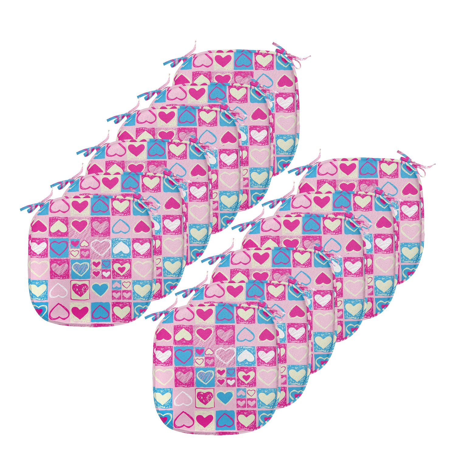 Ambesonne 12-Piece Love Chair Cushion Set with Heart Square Geometric Design - Non-Slip Seat Pads for Kitchen, Dining, Patio & Outdoor Furniture - 16x16 Inch Blue Ivory Pink Cushions - Perfect for Valentine's Day, Weddings & Romantic Home Decor