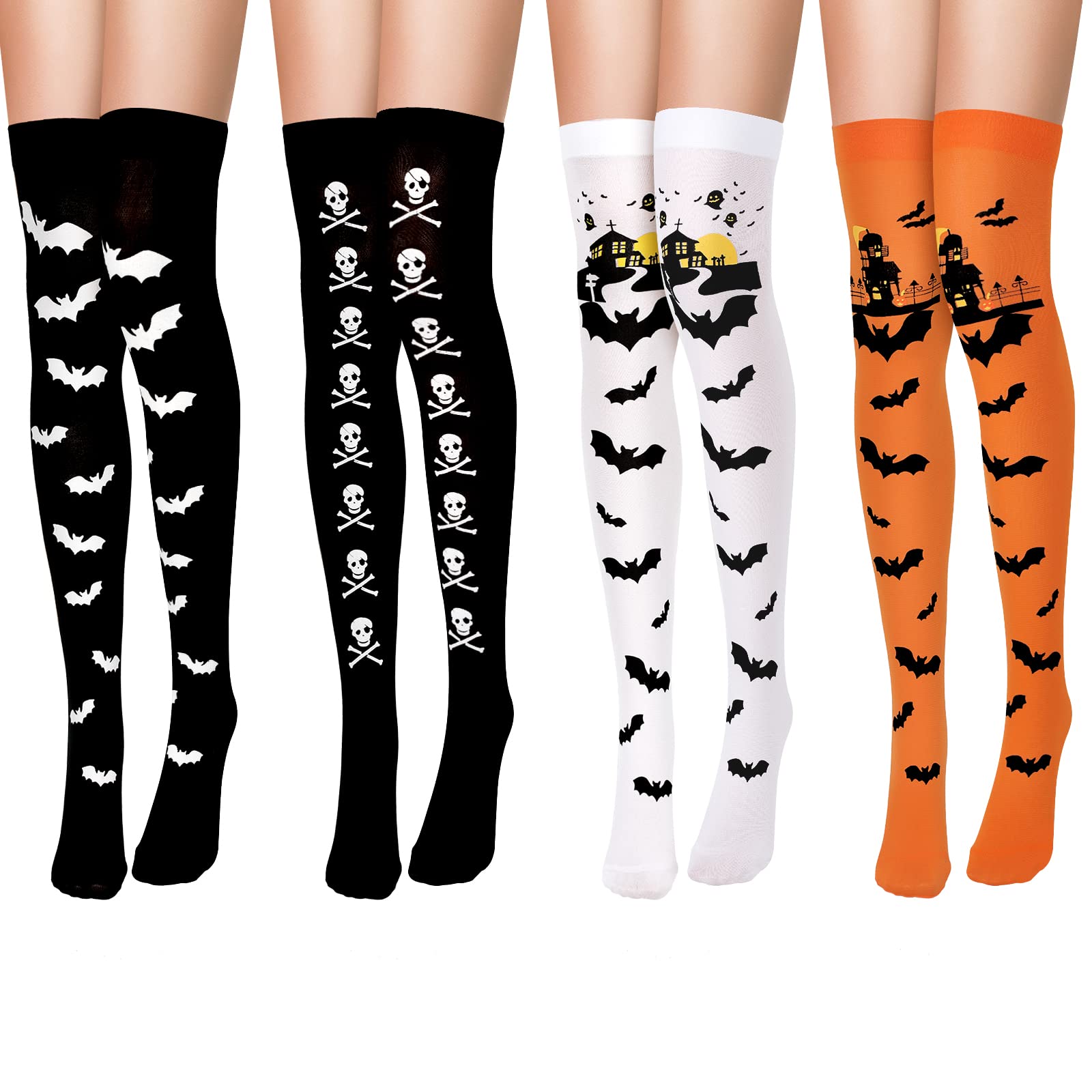Newcotte 4 Pairs Halloween Thigh High Socks - Bat Skeleton Skull Over Knee Stockings for Women & Girls (Orange/White/Black) | Cosplay, Festival, Party Costume Accessories