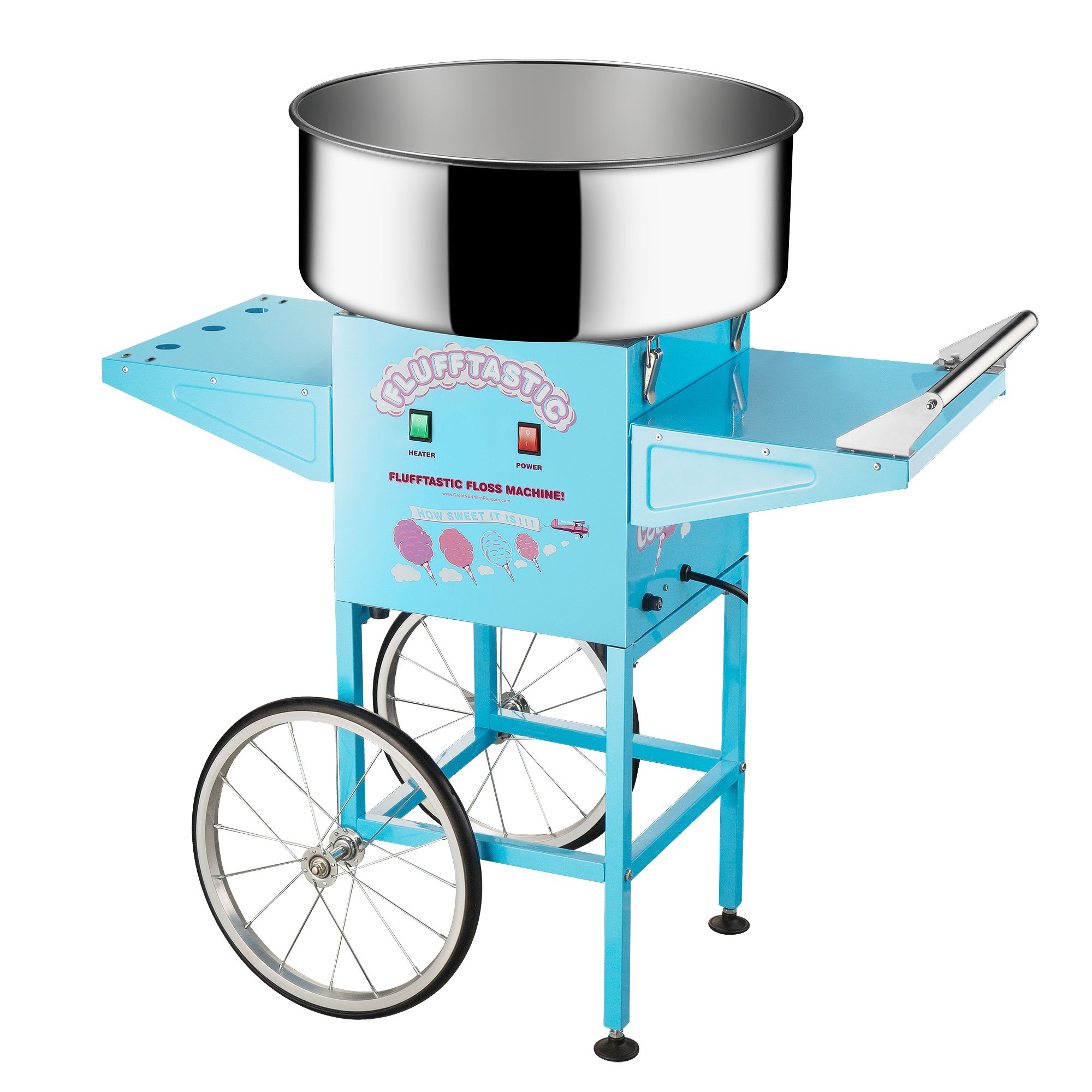 Great Northern Popcorn 1000W Cotton Candy Machine with Cart - Stainless Steel Bowl, Side Trays & 13