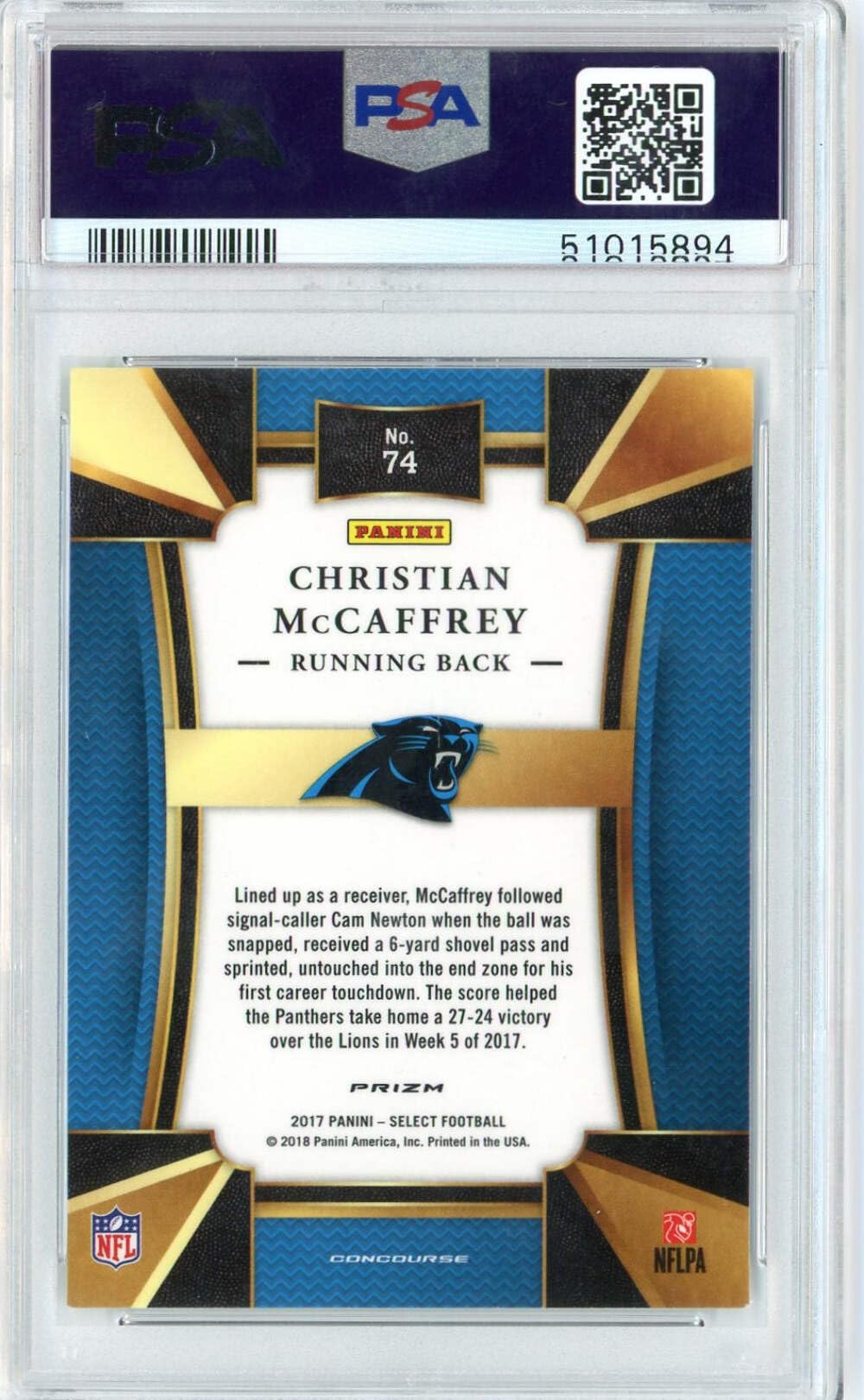 2017 Panini Select Christian McCaffrey #74 Rookie RC Football Card PSA 9 Mint - Collectible NFL Trading Card for Sports Memorabilia & Investment - Perfect for Display, Trading, and Gifting