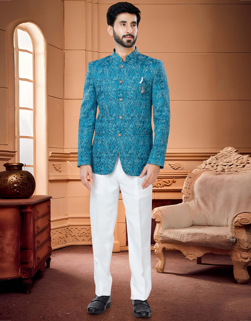 Blue Kurta Woven Jacquard Trouser for Men | Traditional Indian Ethnic Wear | Perfect for Festivals, Weddings & Cultural Events