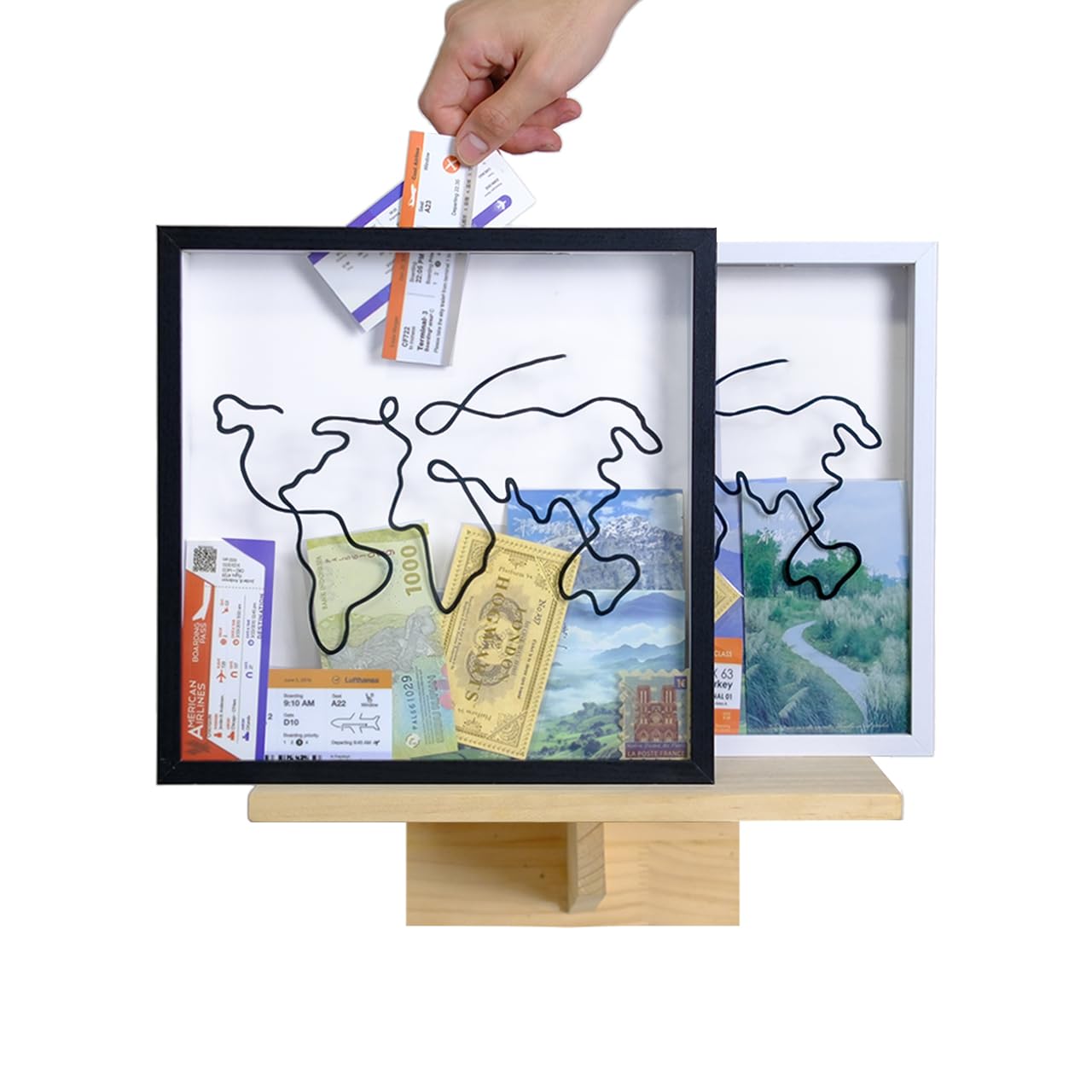 12x12 Travel Memory Shadow Box with Slot - Keepsake Ticket Holder for Travel Mementos, Perfect Travel Gift (Line-Black) - Display Your Vacation Photos, Plane Tickets & Souvenirs