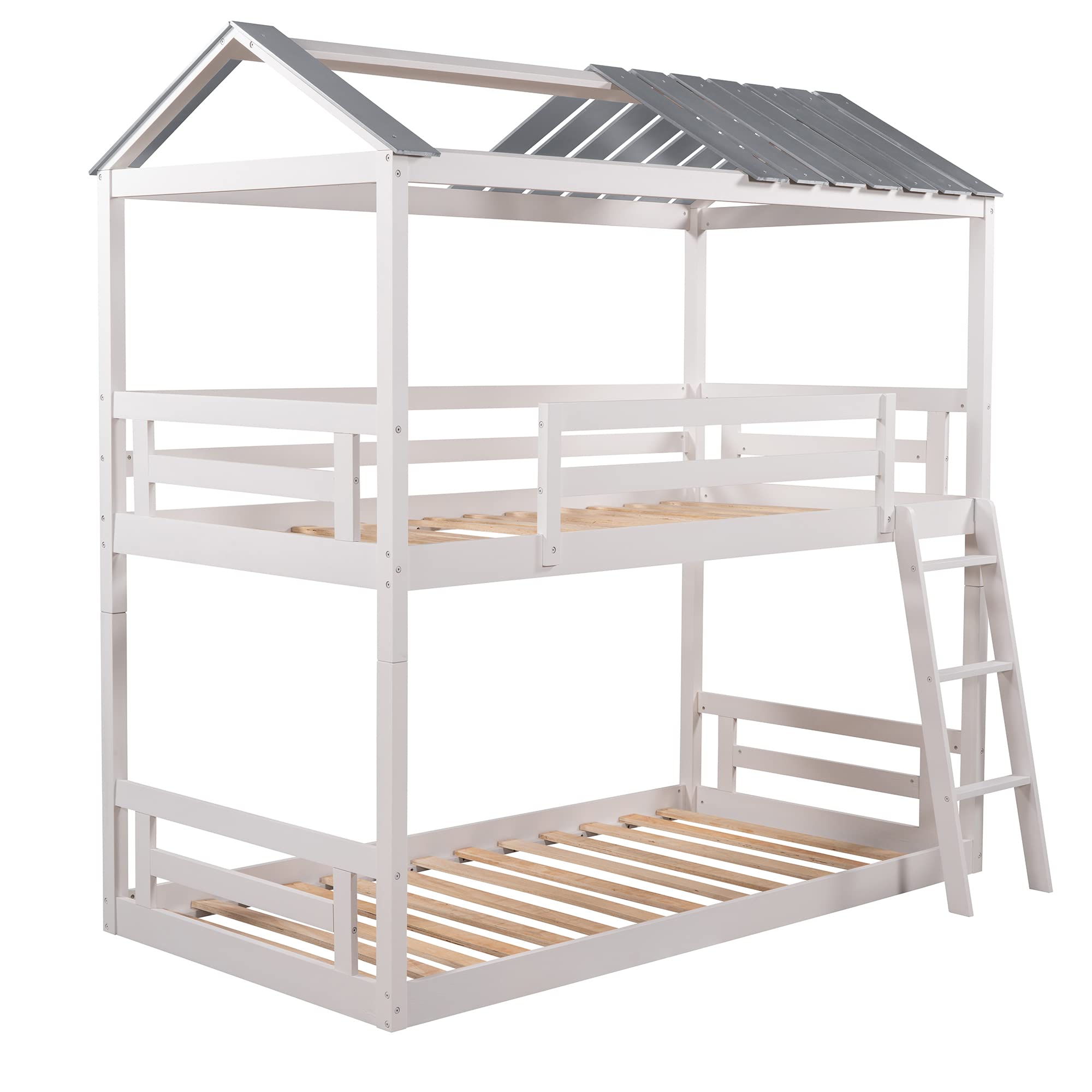 LZ LEISURE ZONE Twin Over Twin Bunk Bed - Solid Wood House Style Bed Frame with Convertible Ladder, Safety Roof & Guardrail - Space Saving Kids Bedroom Furniture (White & Grey) | Perfect for Small Rooms, Shared Kids Bedrooms & Vacation Homes