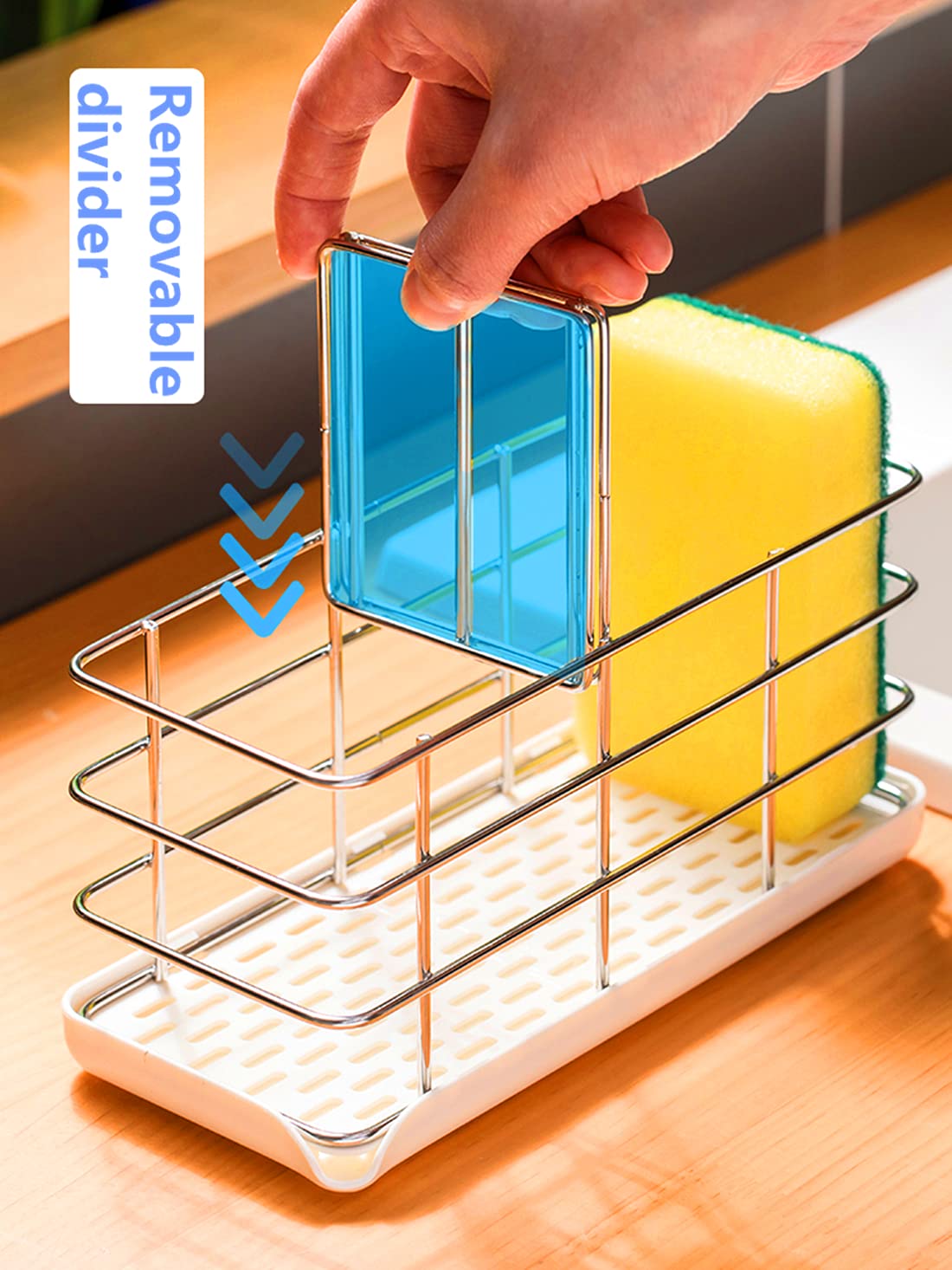 Stainless Steel Kitchen Sink Sponge Holder & Dish Brush Organizer - Rustproof Sink Caddy with Drainage Holes for Sponges, Soap & Cleaning Tools - Perfect for Kitchen, Bathroom, RV & Office Sink Organization