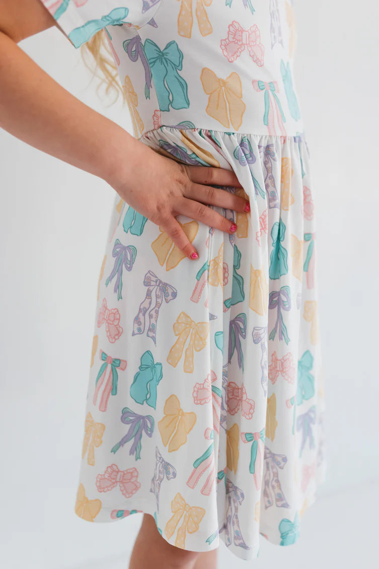 Pastel Bows Short Sleeve Twirl Dress for Girls - Floral Print Summer Party Outfit | Perfect for Birthday, Easter, Photoshoot & Special Occasions