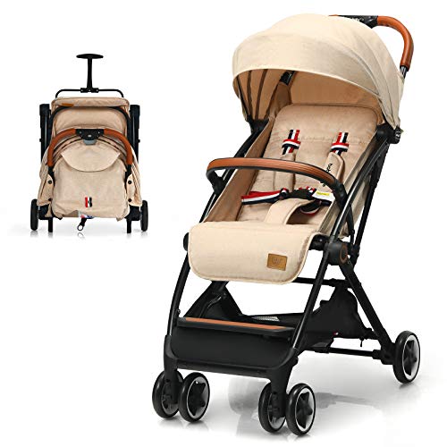 BABY JOY Lightweight Compact Baby Stroller for Travel & Airplane - Adjustable 5-Point Harness, Reclining Backrest, Extendable Footrest & Sun Canopy with Storage Basket - Easy One-Hand Fold Beige Stroller for Infants & Toddlers | Perfect for Air Travel, Shopping & Daily Walks