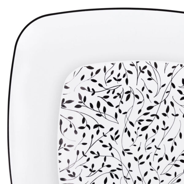 32-Piece Black & White Leaf Square Plastic Dinnerware Set - BPA-Free Eco-Friendly Dinner Plates, Bowls & Utensils (16 Servings) - Perfect for Outdoor Picnics, Party Events and Home Decor