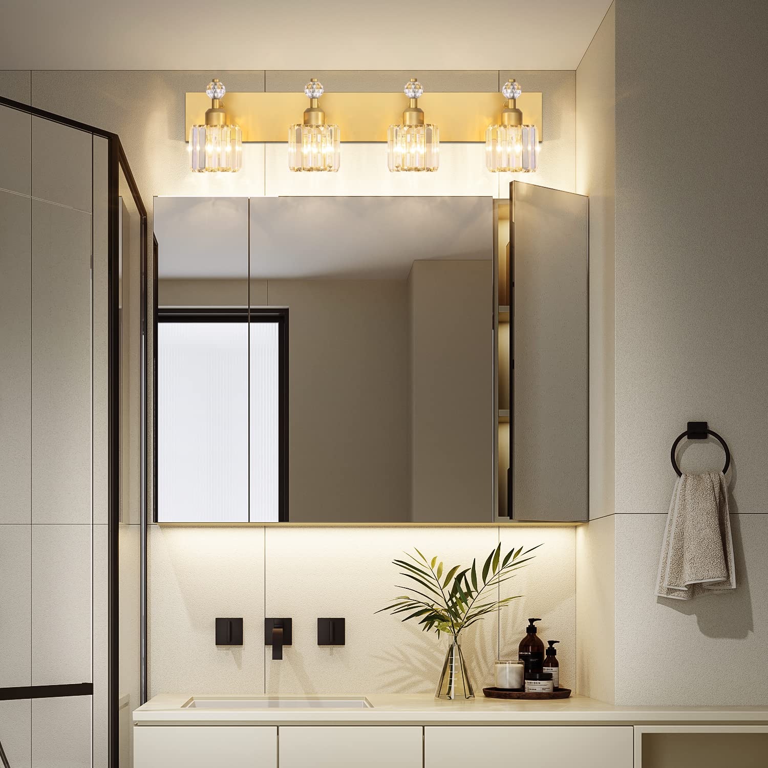 Modern Crystal Bathroom Vanity Light - 4-Light Gold Vanity Lighting for Mirror - Elegant Wall Fixture for Bathroom, Bedroom & Dressing Room