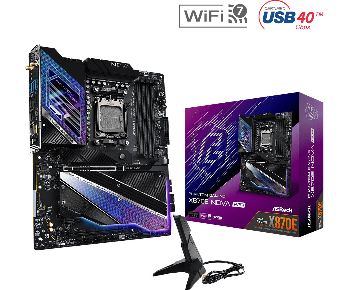 ASRock X870E Nova WiFi ATX Motherboard - AMD AM5 Socket, DDR5, PCIe 5.0, WiFi 6E, 2.5G LAN - Perfect for Gaming PC Builds & High-Performance Workstations