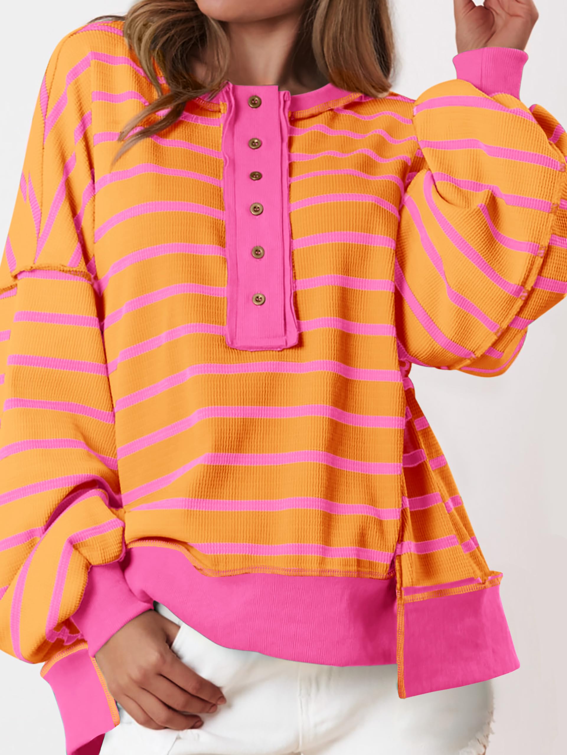 PRETTYGARDEN Women's Oversized Striped Sweatshirt - Long Sleeve Button Up Henley Neck Waffle Knit Pullover Tunic Top for Fall 2025 | Casual Outfit, Layering Piece, Comfortable Loungewear