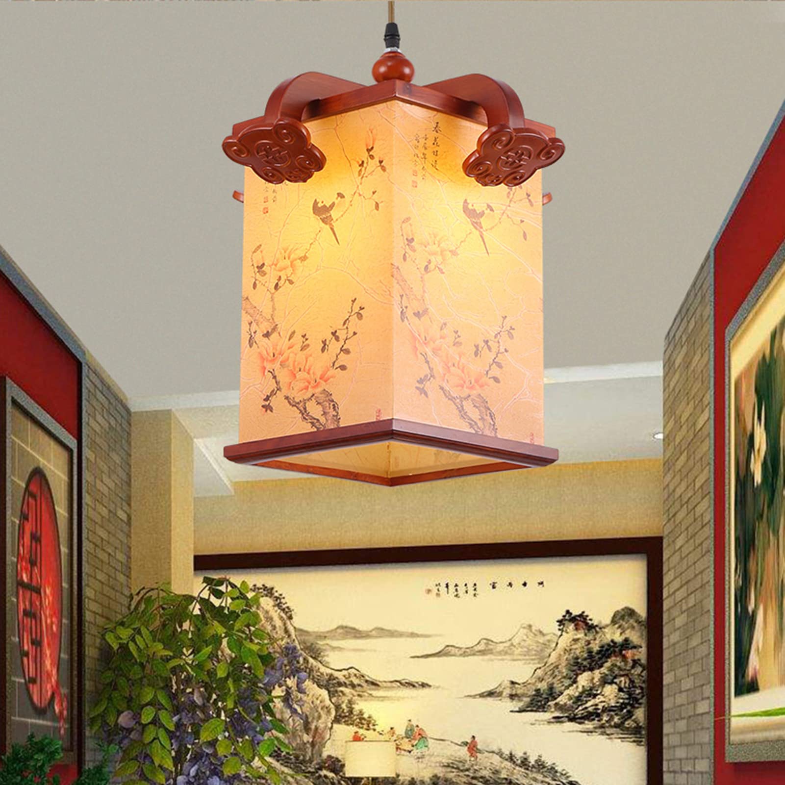 Solid Wood Antique Single-Head Ceiling Pendant Light - Chinese Style Imitation Sheepskin Chandelier for Tea House, Restaurant, Bedroom, Aisle & Balcony - Creative Lantern Lighting for Cozy Ambiance & Asian Decor