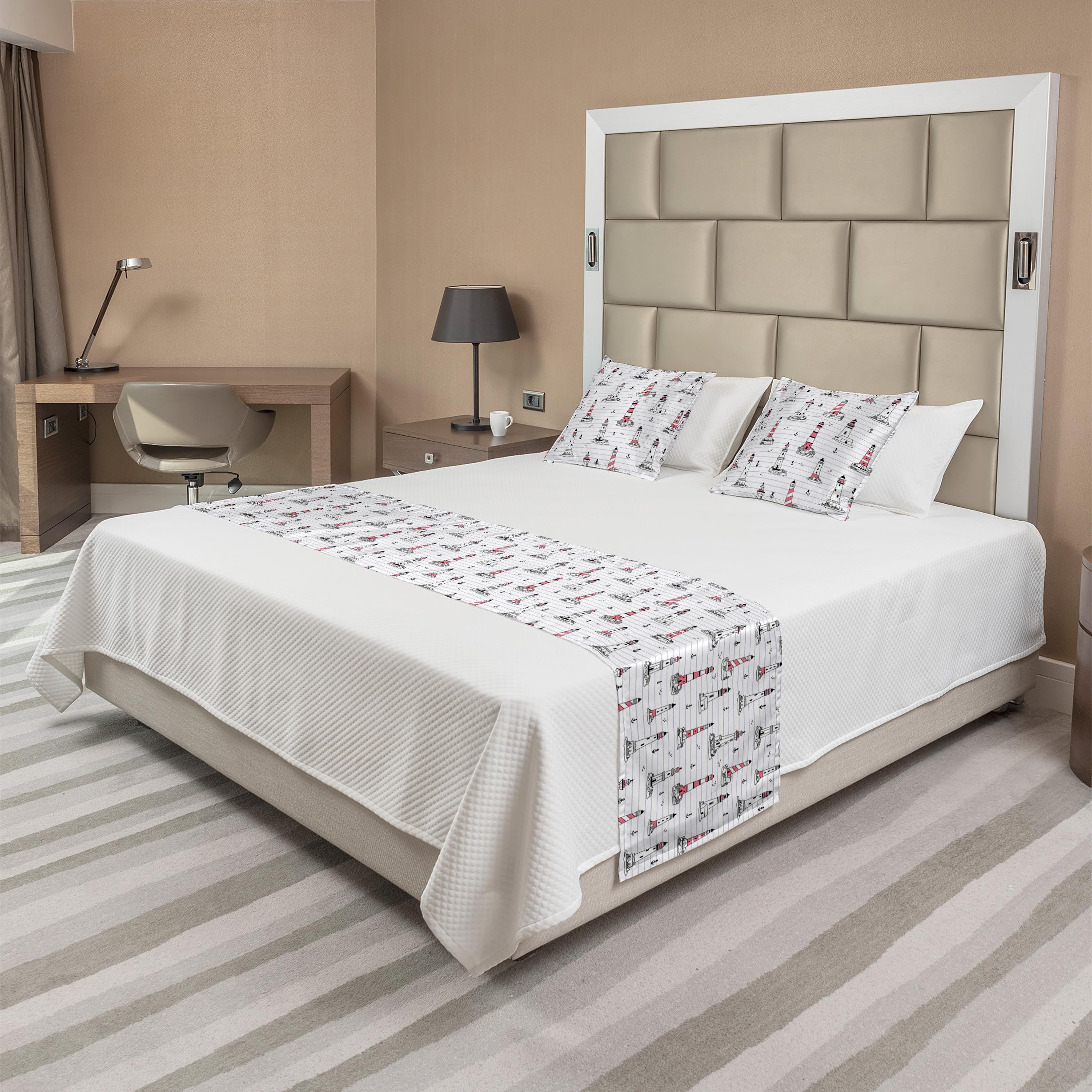 Ambesonne Lighthouse Bed Runner Set - Nautical Themed Notebook Pattern with Seagulls & Anchors Doodle Design - Decorative Bed Scarf & 2 Pillow Shams for Home, Hotel, Bedroom Decor - Pink Lilac Black - Perfect for Coastal, Beach House or Nautical Theme Bedrooms