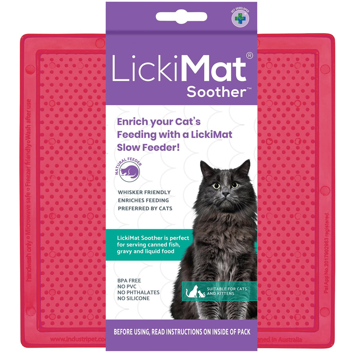 LickiMat Classic Cat Slow Feeder Lick Mat - Anxiety & Boredom Relief for Cats - Perfect for Food, Treats, Yogurt & Peanut Butter - Fun Alternative to Slow Feed Bowls (Pink) - Great for Grooming, Mealtime & Stress Relief