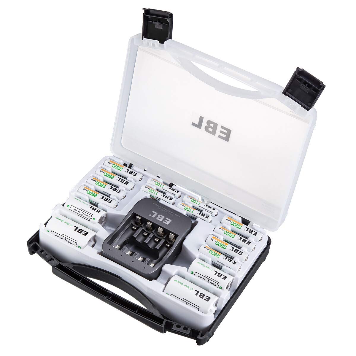 EBL Rechargeable Battery Kit - 8 AA 2800mAh & 4 AAA 1100mAh Batteries with 40-Min iQuick Charger, 2 C/D Converters & Storage Case - Perfect for Cameras, Toys, Flashlights, and Home Electronics