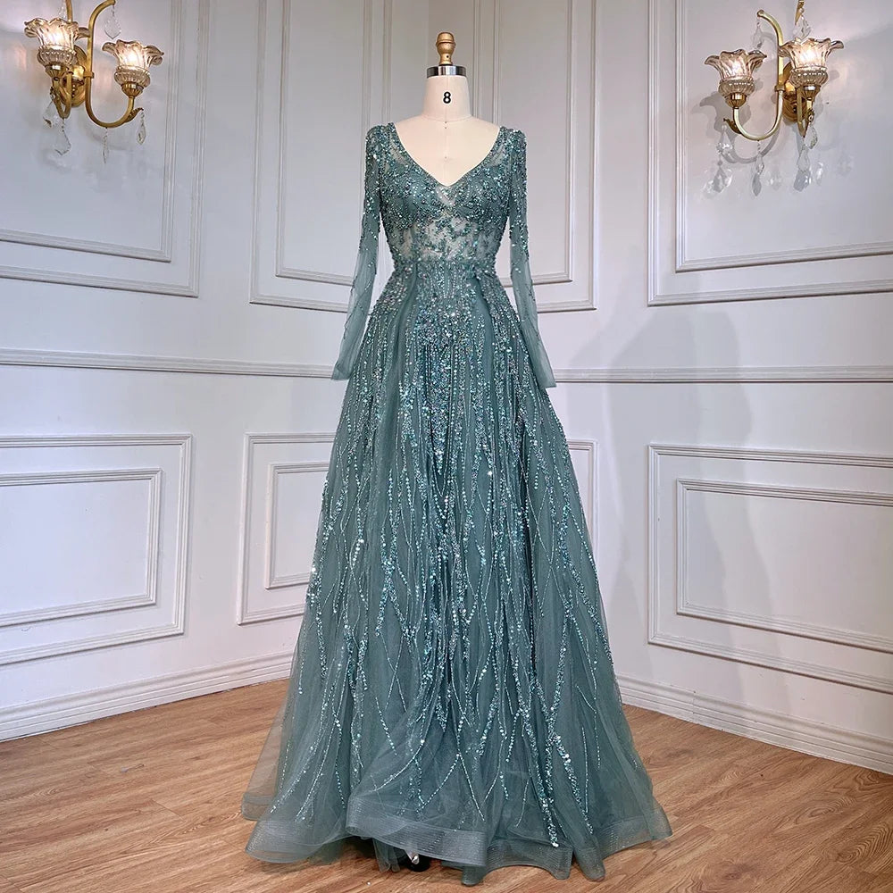 Serene Hill Arabic Turquoise Beaded Evening Gown - A-Line Sweetheart Neckline Long Sleeve Dress for Women | Formal Party, Wedding Guest, Prom, Gala 2025 LA71793