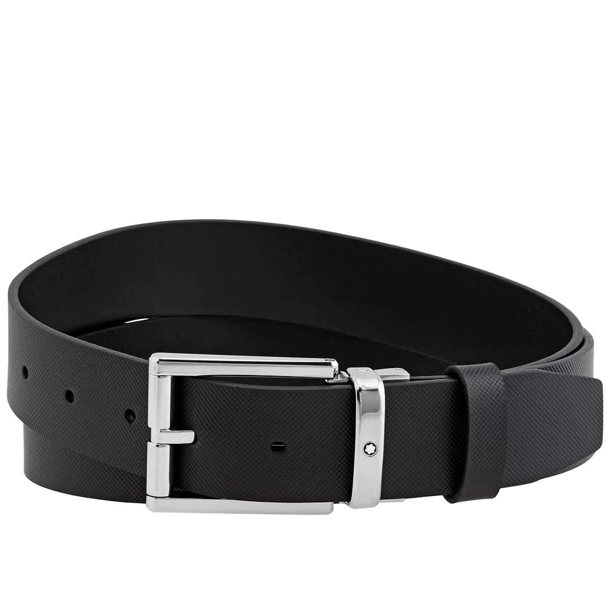 Montblanc Rectangular Shiny Palladium Coated Pin Buckle Men's Dress Belt 126028 - Premium Formal Accessory for Business Attire & Special Occasions