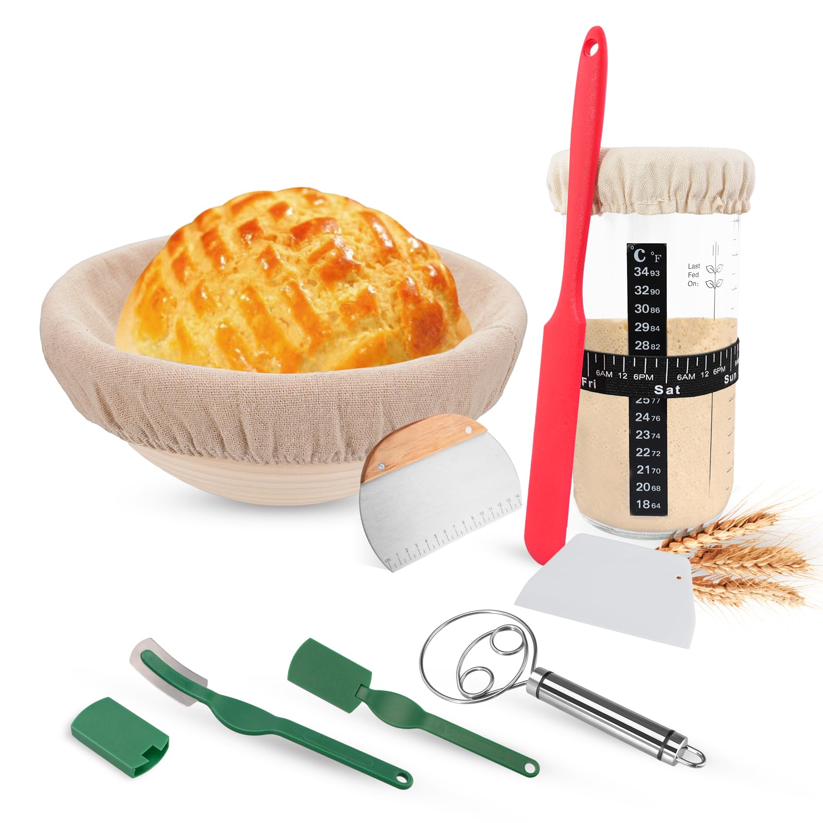 Ultimate Sourdough Bread Making Kit - 7-Piece Set with Starter Jar, Proofing Baskets, Silicone Dough Scraper, Bread Lame & Whisk - Perfect for Artisan Bread Baking at Home | Gift for Bakers & Bread Lovers