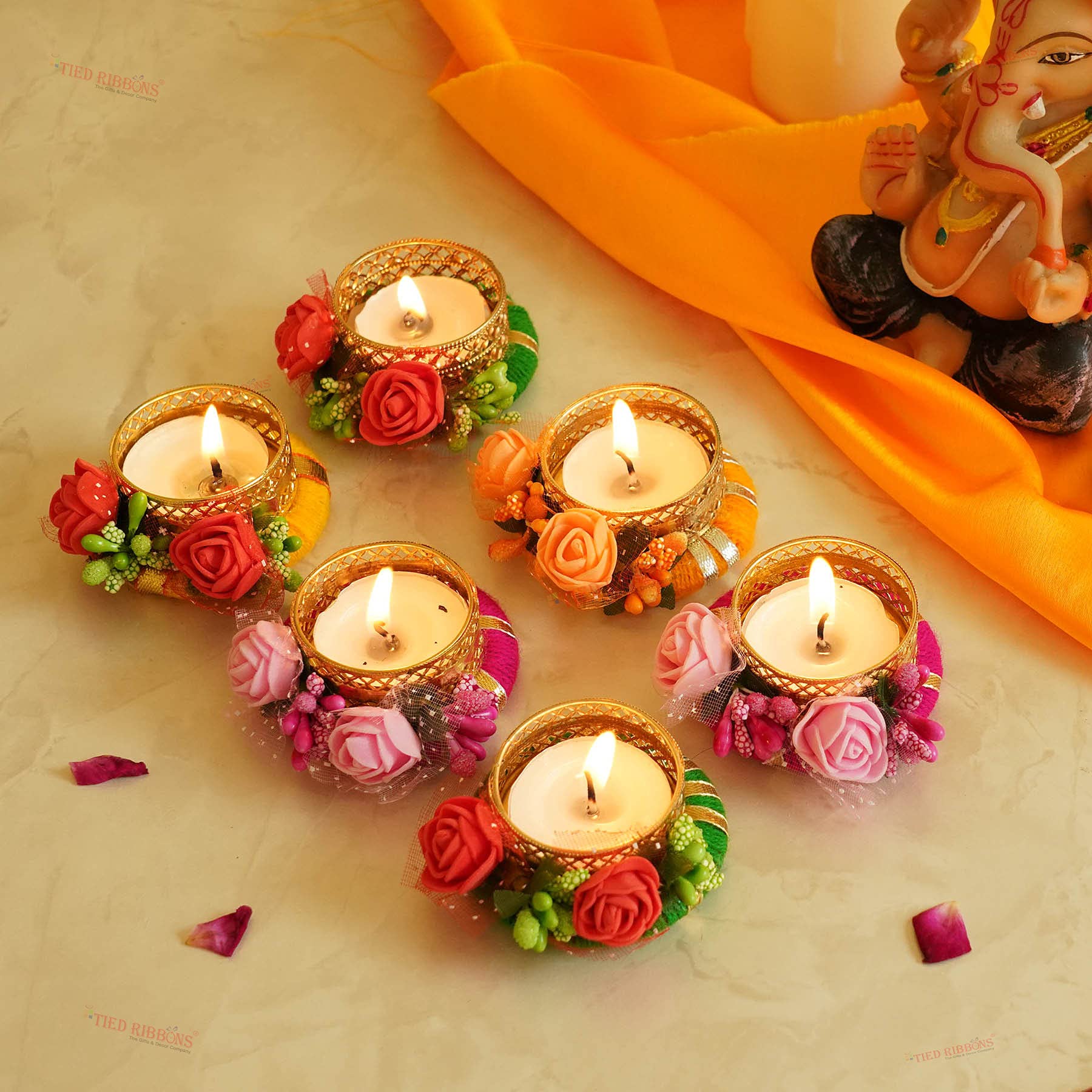 Elegant TIED RIBBONS Tealight Candle Holder Set - Floral Studded Home Decor for Wedding, Diwali & Christmas (Pack of 6) - Perfect for Table Centerpieces, Mantel Displays & Romantic Ambiance