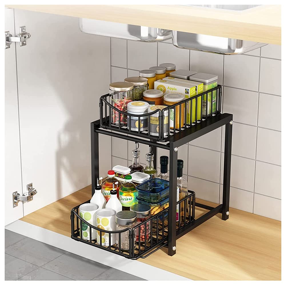 2-Tier Stackable Under Sink Cabinet Organizer - Large Mesh Storage Basket with Sliding Drawer for Kitchen, Bathroom, Pantry & Office Organization - Black Space-Saving Shelf for Countertops & Cabinets