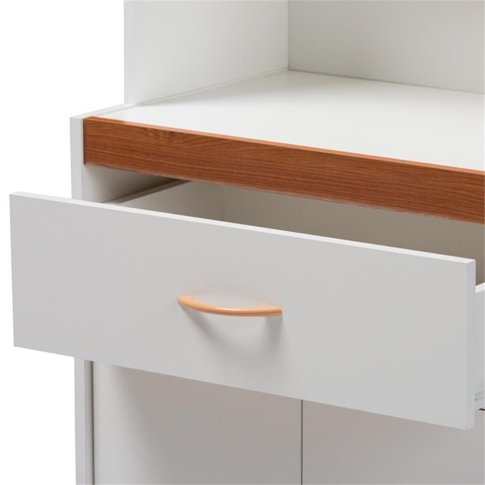 BOWERY HILL Modern White and Cherry Kitchen Pantry Cabinet with Hutch & Storage Drawer - Perfect for Small Space Organization, Farmhouse Decor, and Kitchen Storage Solutions