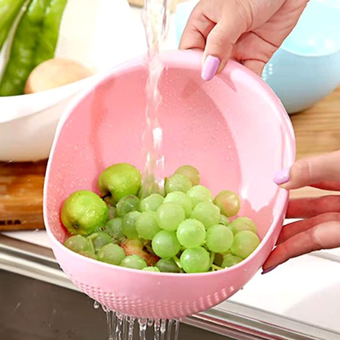 Premium Rice Washer Strainer & Colander - Kitchen Rice Bowl Drain Basket for Washing Rice, Fruits, Vegetables - Pink | Perfect for Meal Prep, Cooking & Healthy Eating