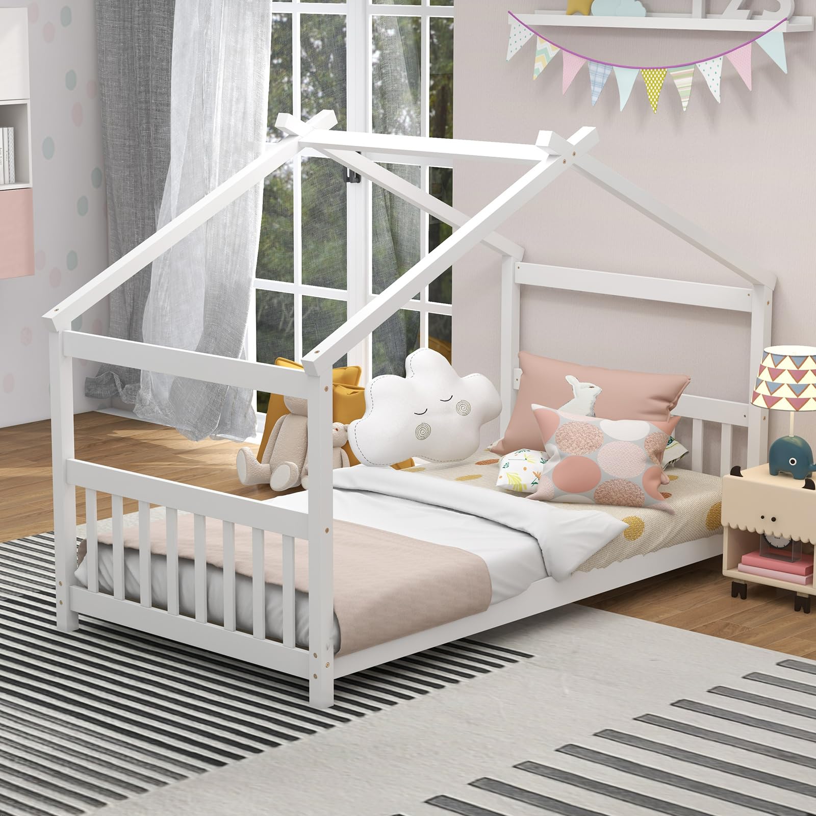 **KOMFOTT Twin Wood House Bed for Kids – Low Profile Floor Bed Frame with Roof, Headboard & Footboard – Montessori Tent Bed for Toddlers, Boys & Girls – No Box Spring Needed – White – Perfect for Playrooms, Bedrooms & Montessori Learning Spaces**
